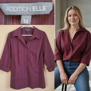 Addition Elle Burgundy Vertical Striped Button Down Blouse Size 14